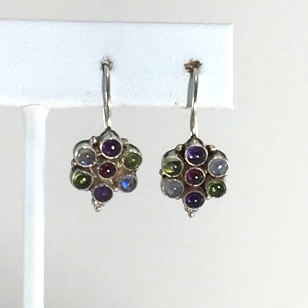 Boho multi gemstone earring, sterling silver